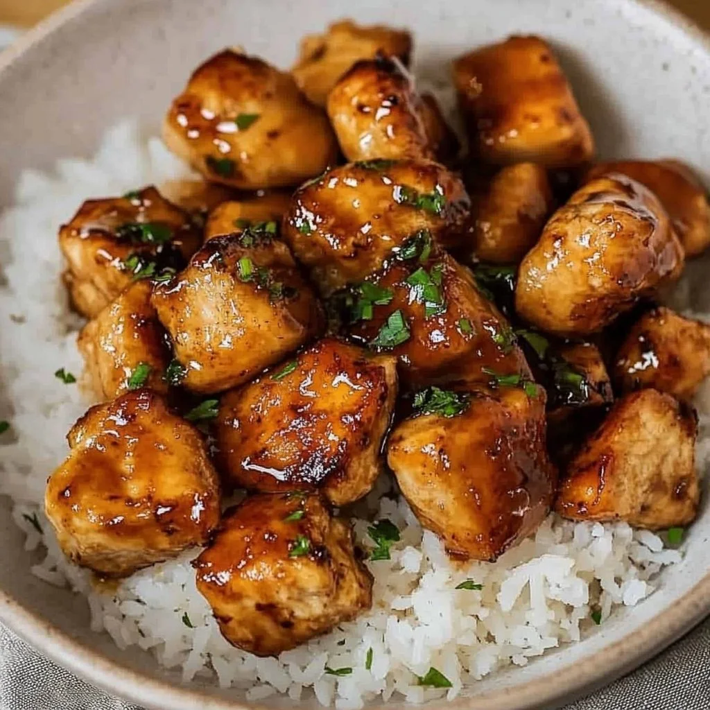 Plate of quick honey garlic chicken bites with a drizzle of sauce