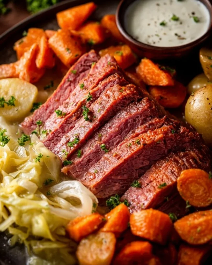 Delicious plate of corned beef and cabbage served with vegetables