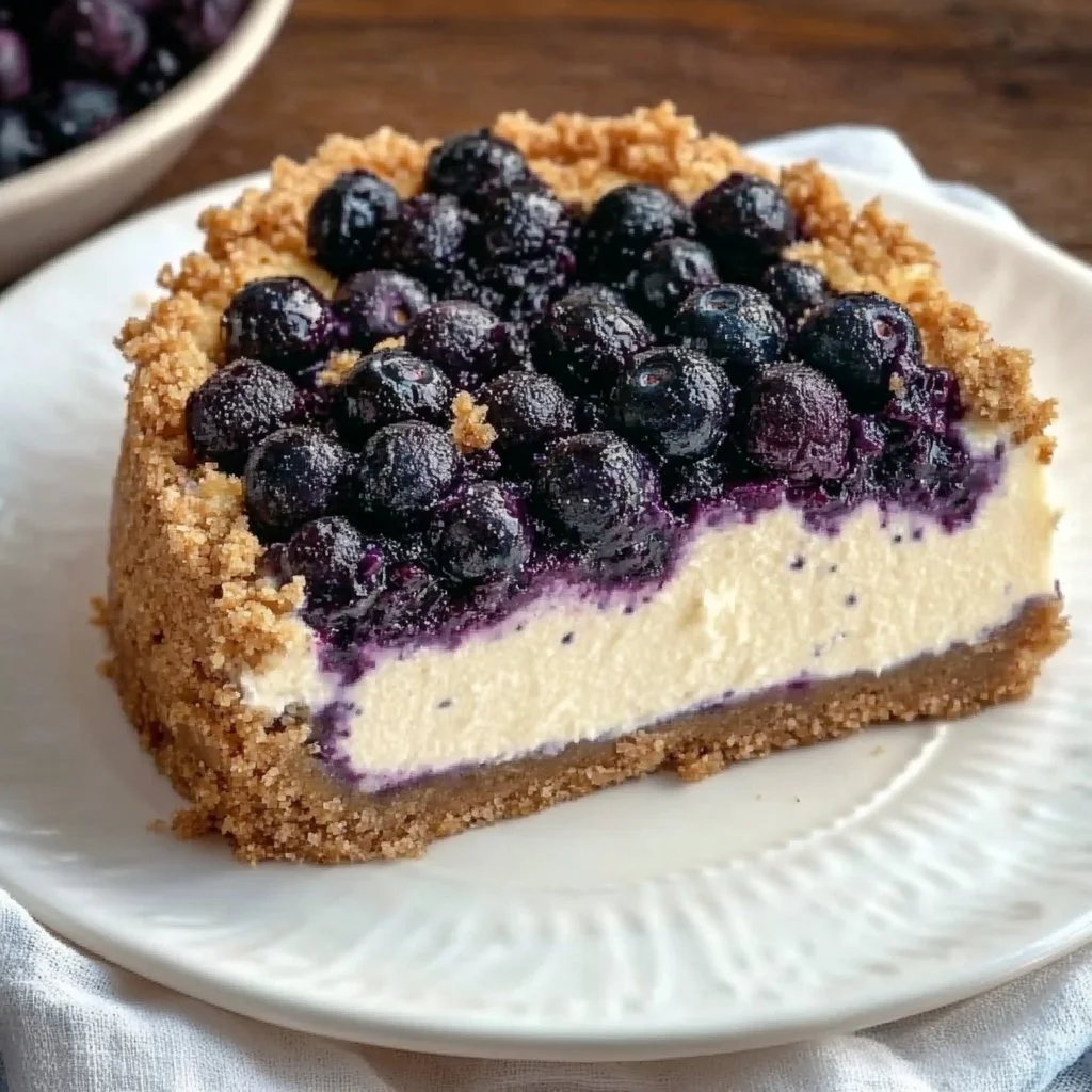 Delicious homemade blueberry cheesecake topped with fresh blueberries and whipped cream
