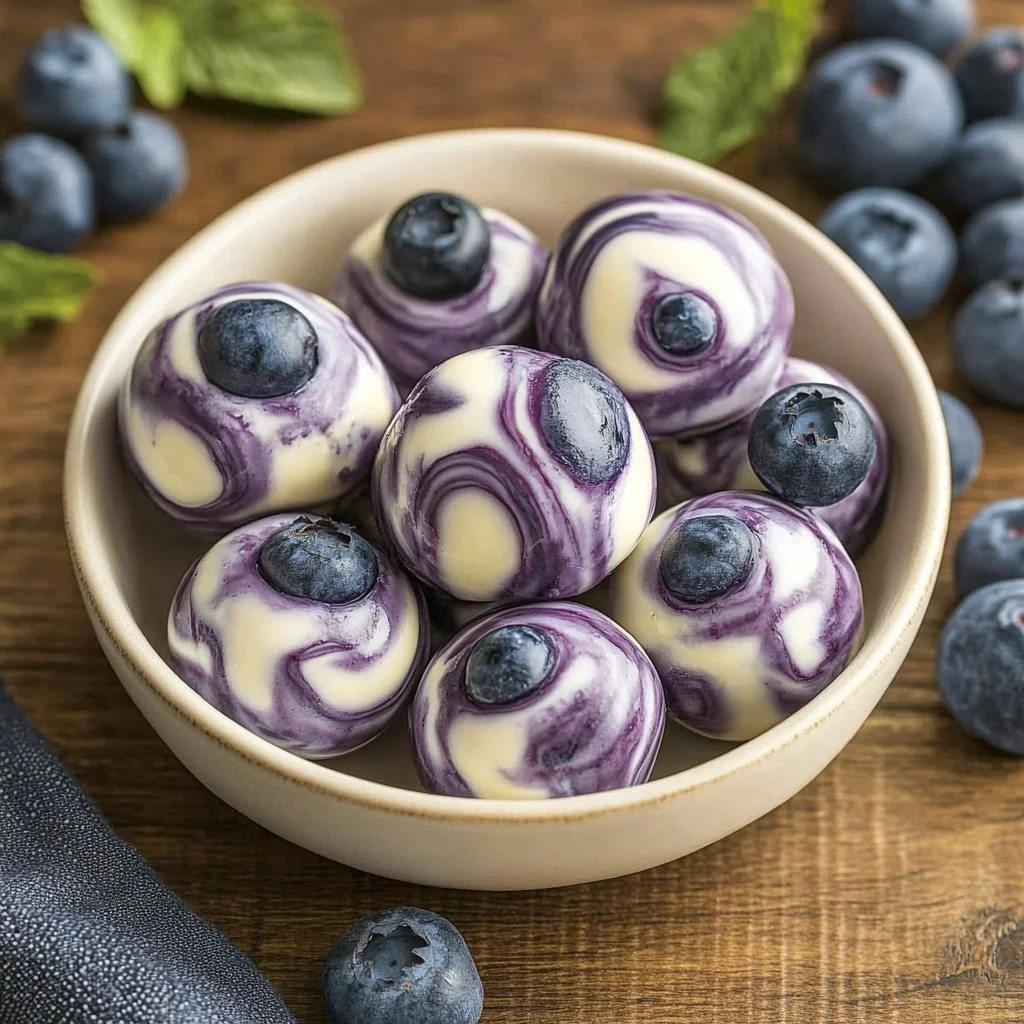 Blueberry Greek yogurt bites arranged on a plate, showcasing a healthy snack option.