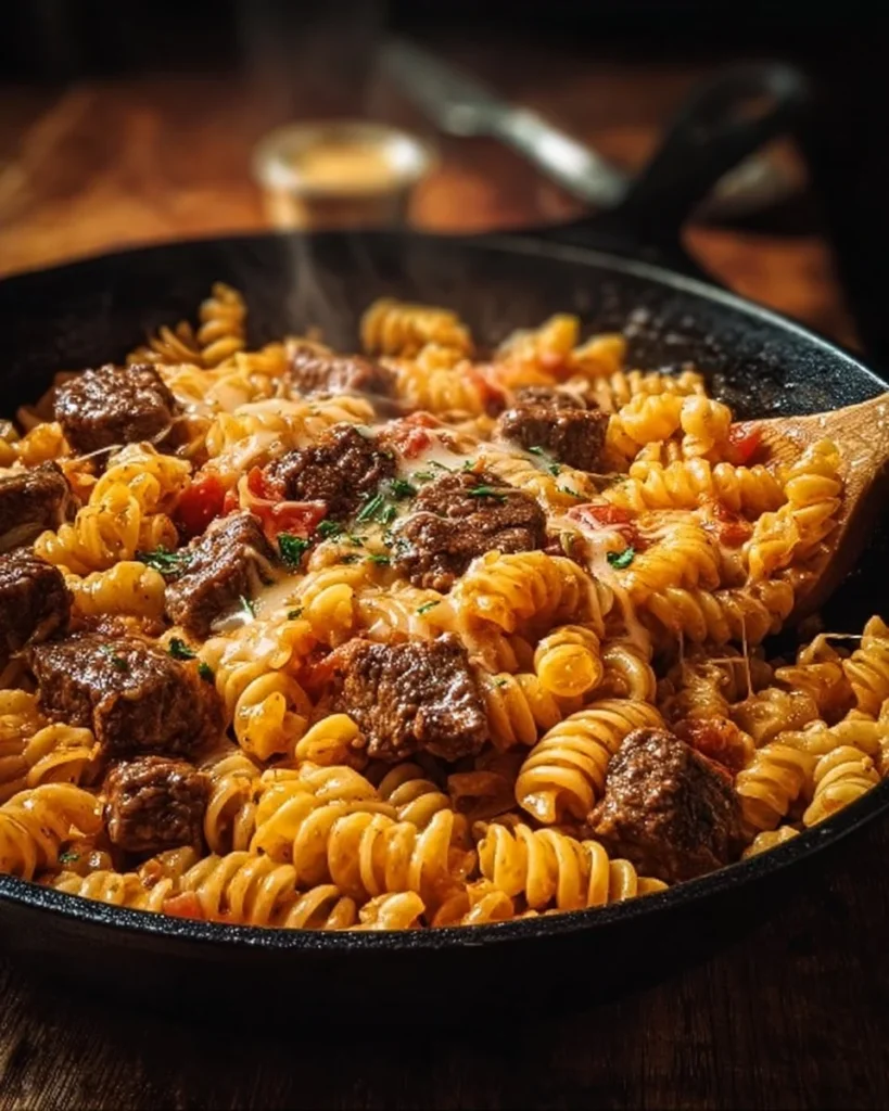 Cheesy Spicy Cajun Steak Pasta Skillet with colorful ingredients and spices