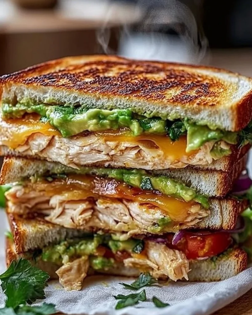 Delicious Chicken Avocado Melt Sandwich with toast and fresh ingredients