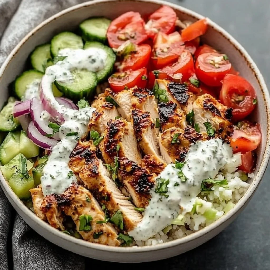 Delicious chicken gyro bowls with grilled chicken, veggies, and sauces