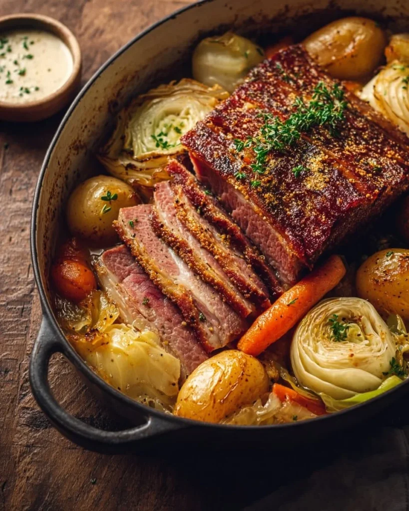 Classic baked corned beef and cabbage served on a plate