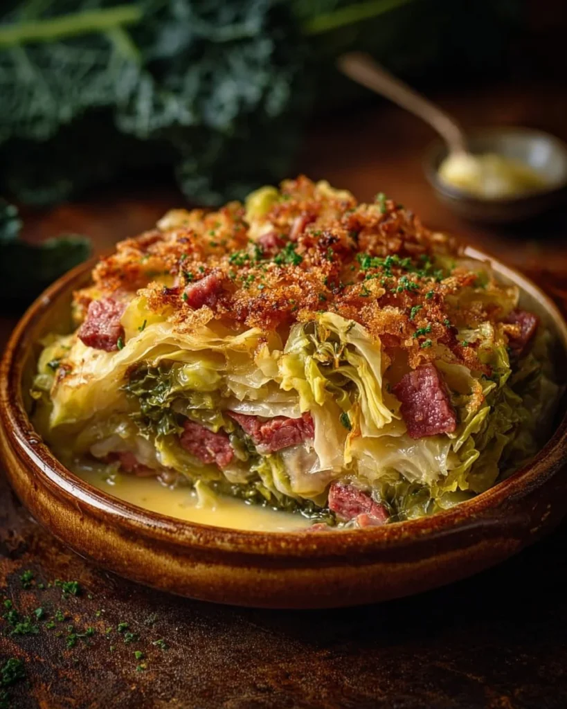 Delicious Corned Beef and Cabbage Casserole served in a baking dish