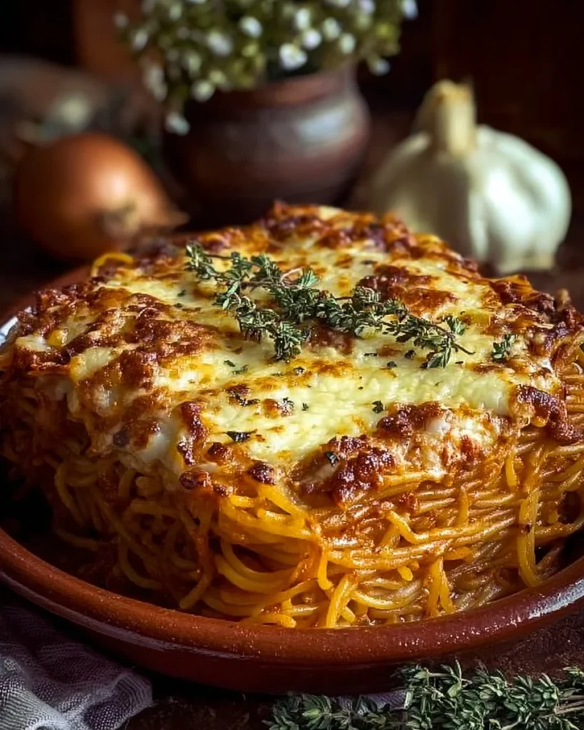 Delicious cream cheese spaghetti casserole served in a baking dish.