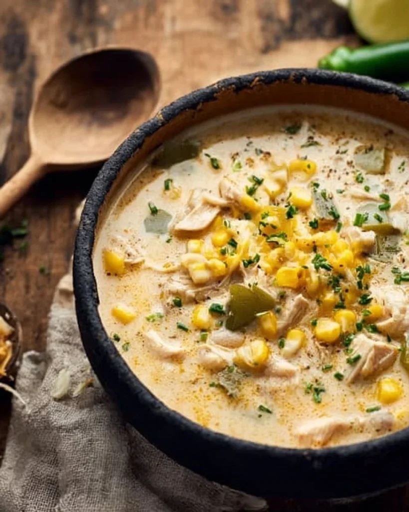 Delicious creamy cheesy chicken white chili served in a bowl