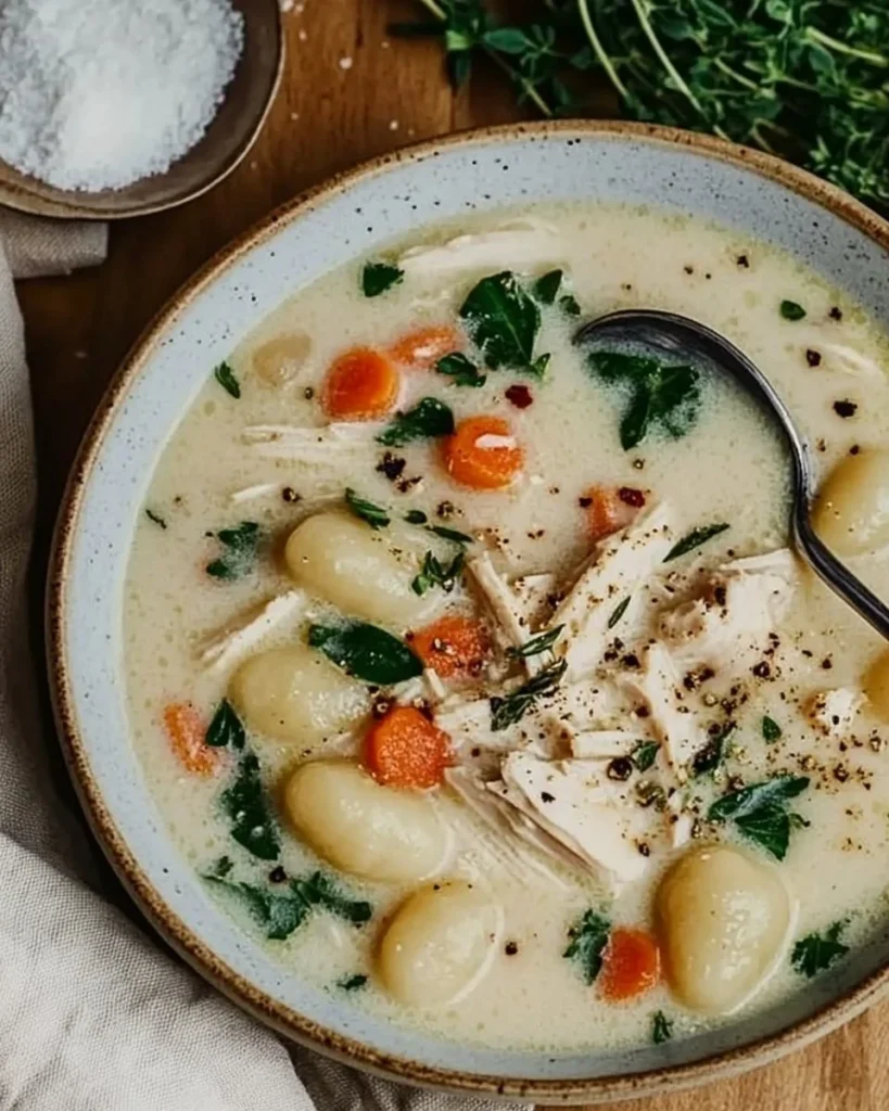 Bowl of creamy Chicken Gnocchi Soup with herbs and vegetables