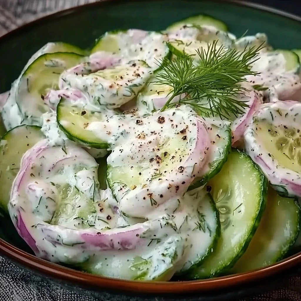 Refreshing creamy cucumber salad served in a bowl with fresh herbs
