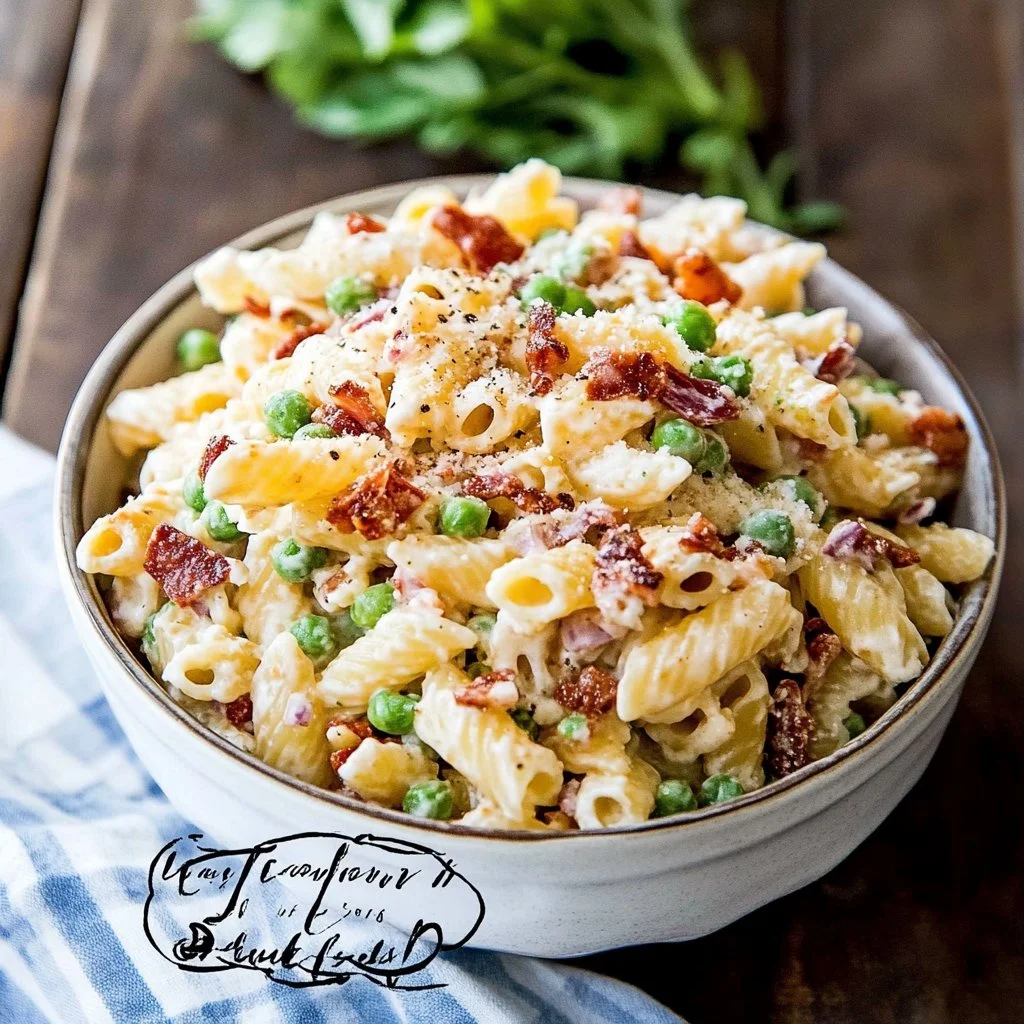Creamy pasta salad with fresh vegetables and herbs