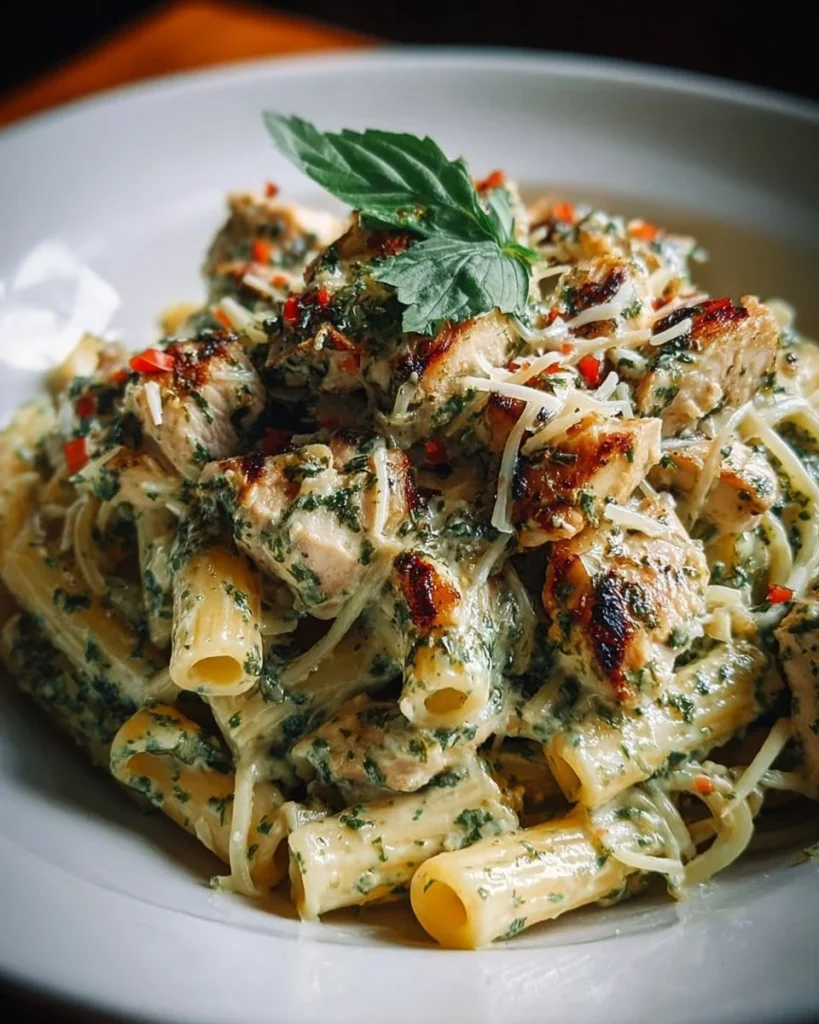 Creamy pesto chicken pasta served in a bowl with fresh basil garnish