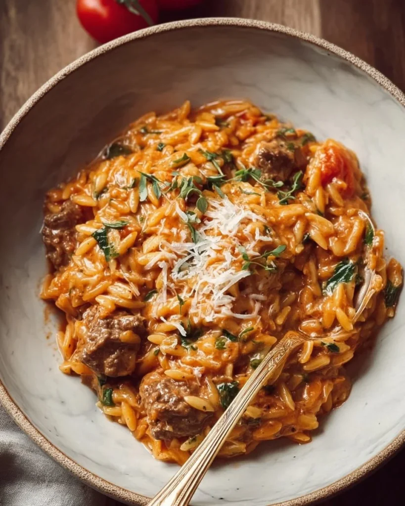 Creamy Tomato Beef Orzo dish with tender beef and pasta in a rich tomato sauce.