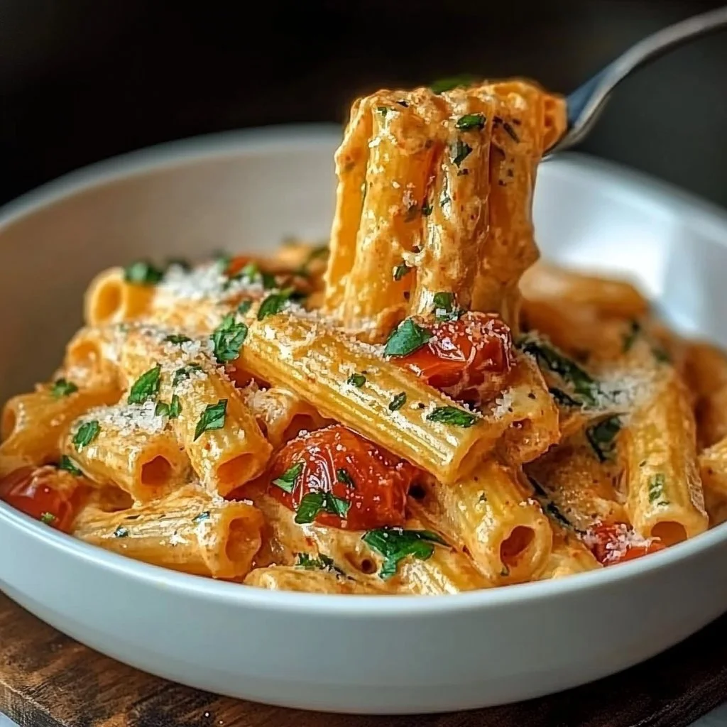 Delicious creamy tomato garlic pasta served in a bowl with herbs