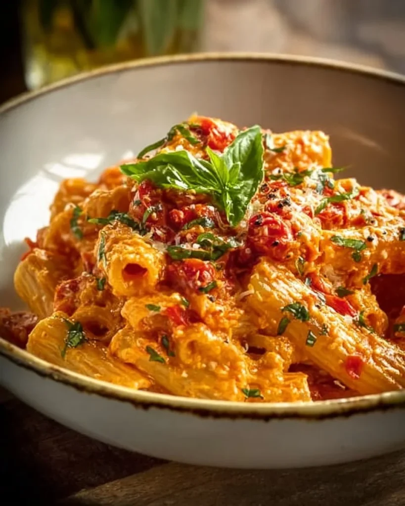 Creamy tomato garlic pasta dish with fresh ingredients and herbs