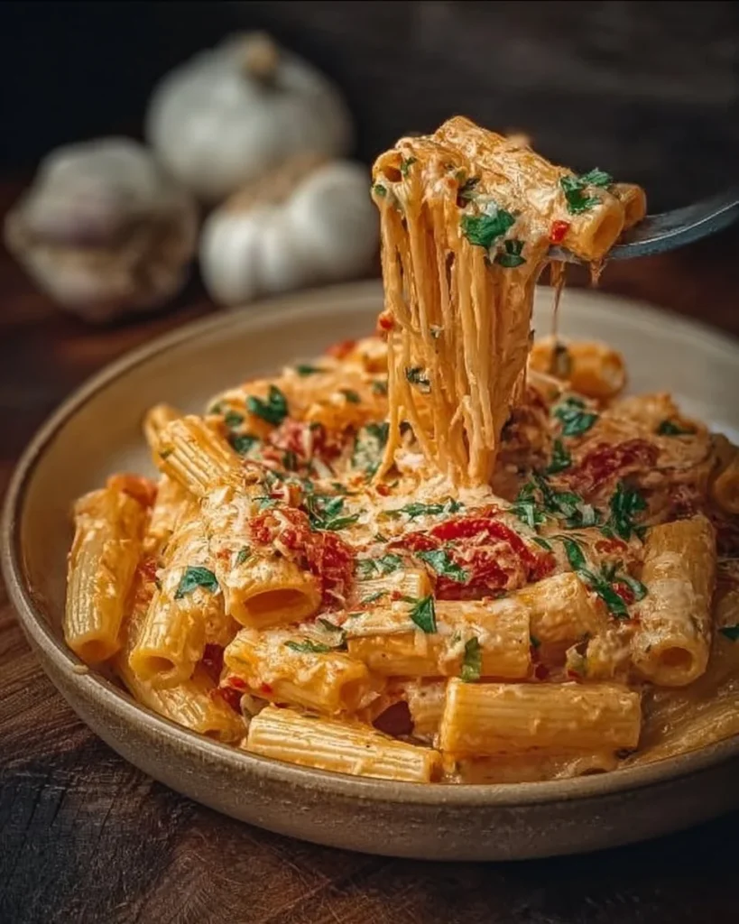 Creamy tomato garlic pasta dish served in a bowl with fresh herbs