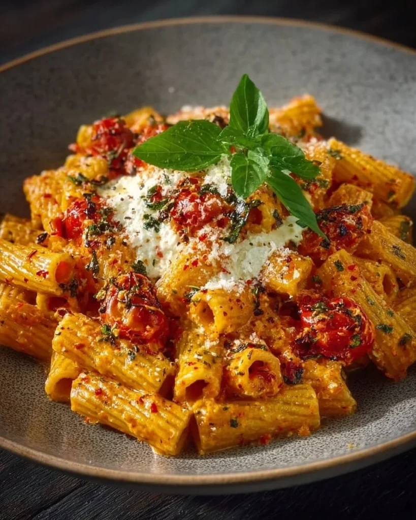 Creamy tomato garlic rigatoni pasta dish served on a plate