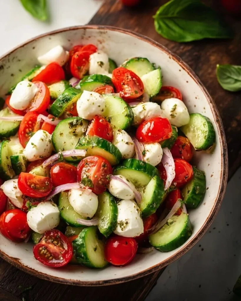 Cucumber Caprese Salad with mozzarella and basil on a serving plate