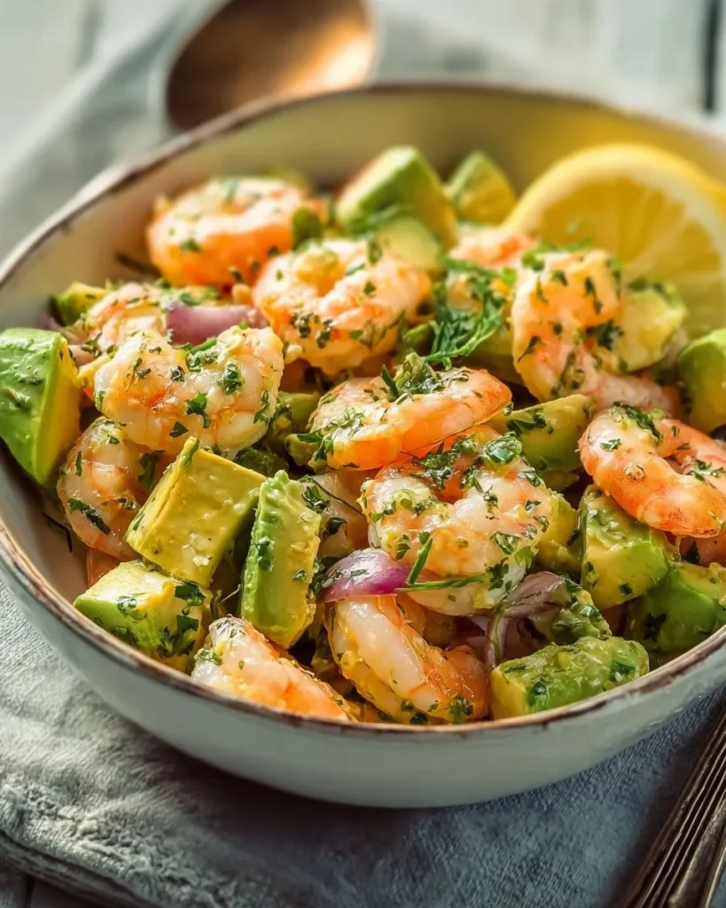 Fresh shrimp avocado salad with vibrant vegetables and dressing