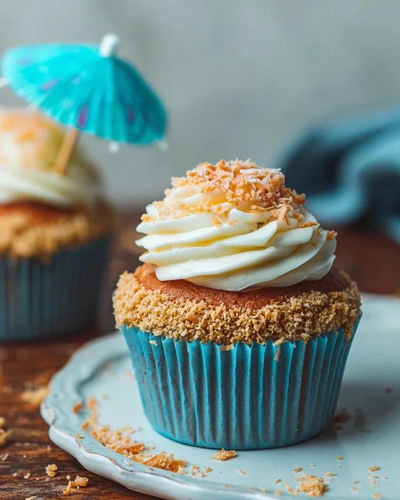 Colorful easy beach cupcakes decorated with edible sand and seashells.