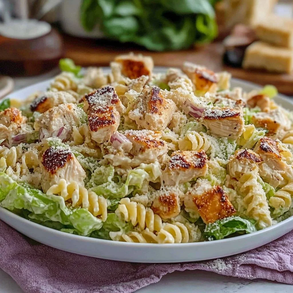 Creamy Chicken Caesar Pasta Salad with lettuce and croutons