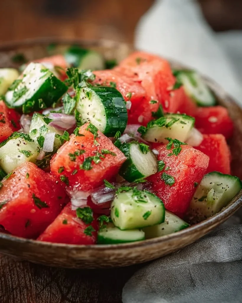 Bowl of easy watermelon cucumber salad with mint and feta cheese