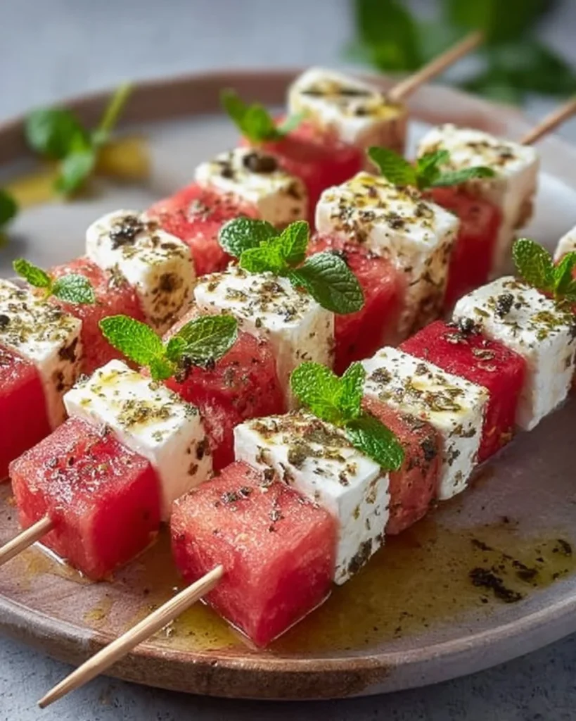 Delicious Feta Watermelon Skewers on a serving platter
