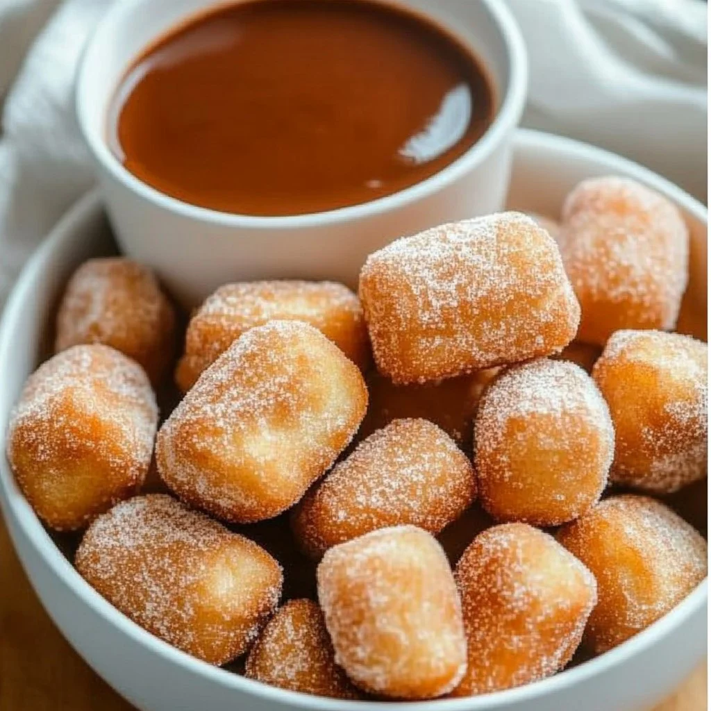 Fluffy air fryer churro bites dusted with cinnamon sugar on a plate.