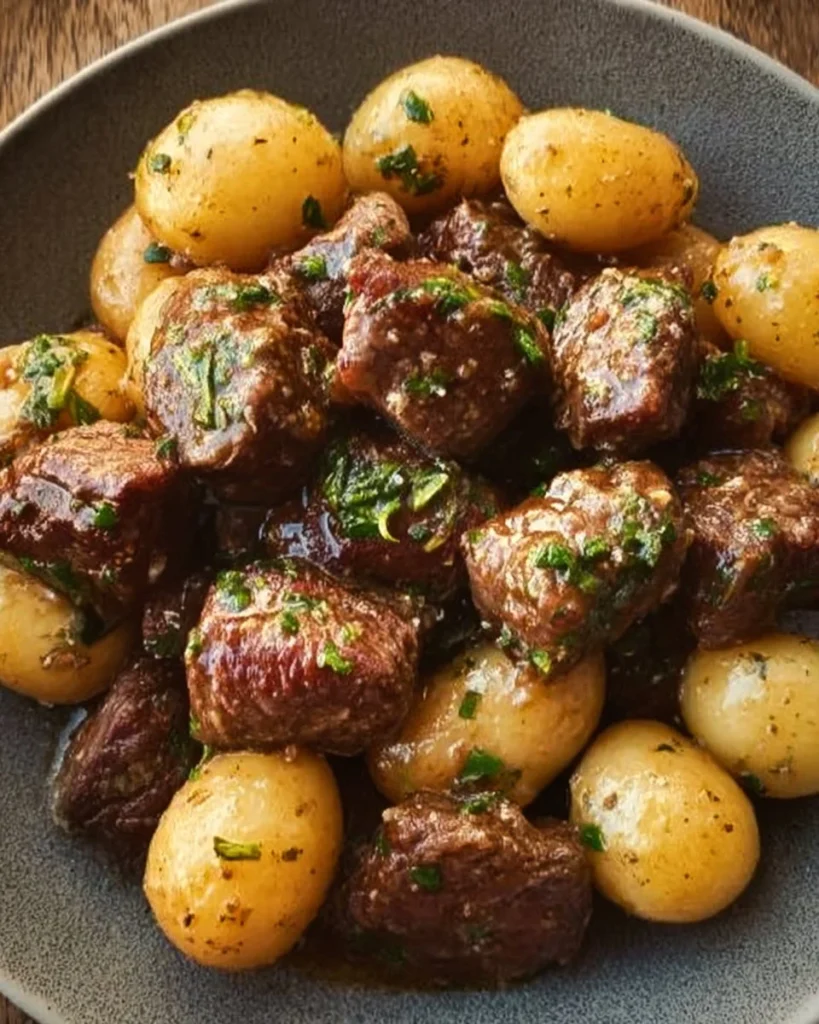 Garlic butter beef bites with potatoes served on a plate