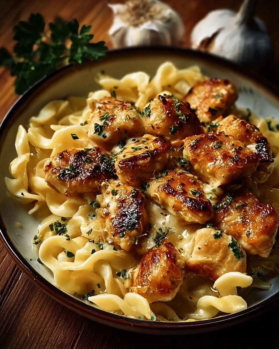 Garlic Butter Chicken Bites with Savory Creamy Parmesan Pasta