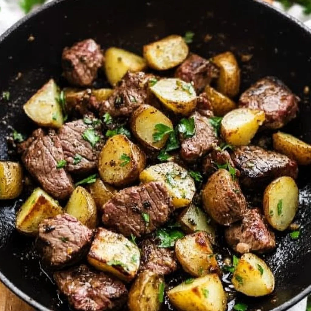 Delicious Garlic Butter Steak Bites served with seasoned potatoes.