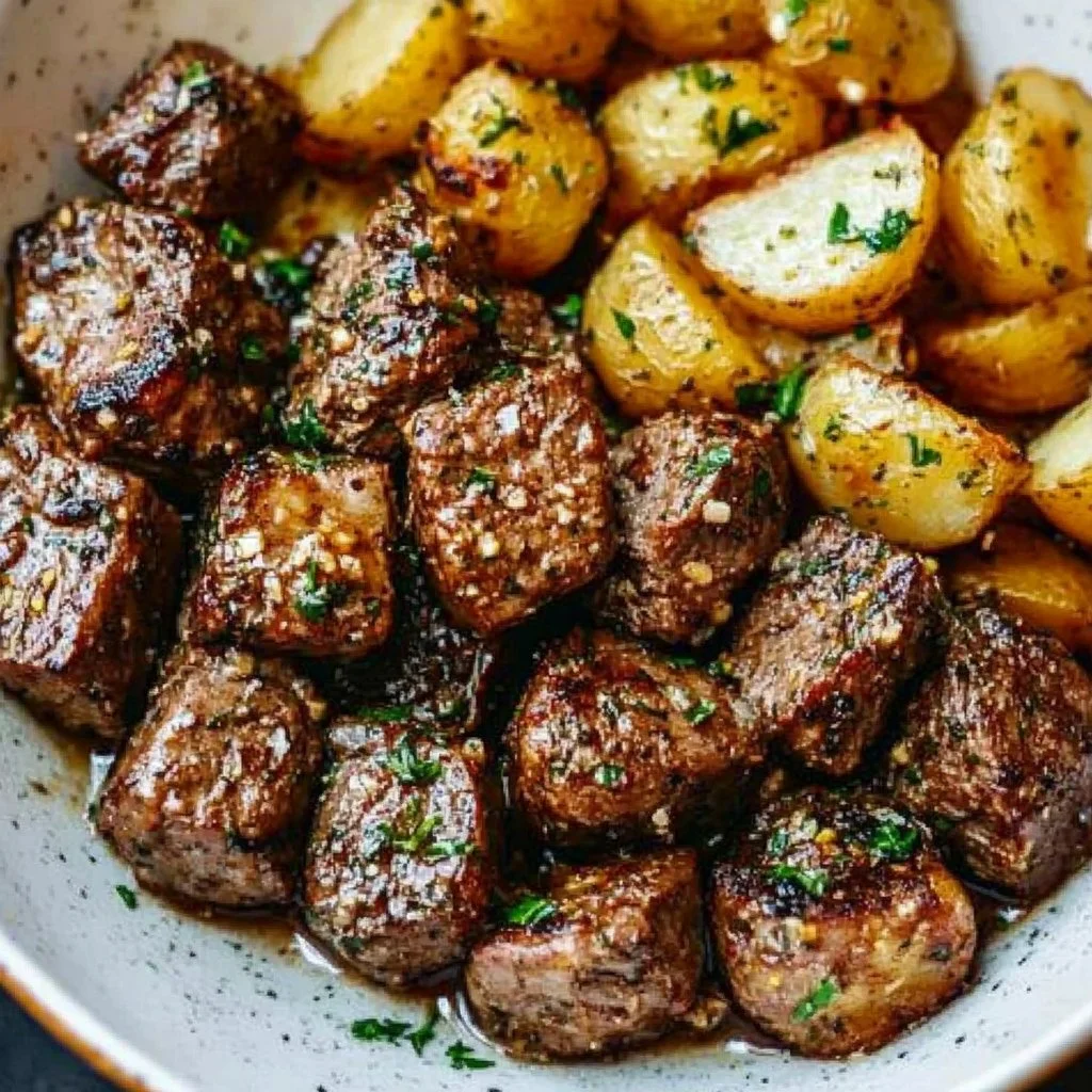 Delicious garlic steak bites served with roasted potatoes