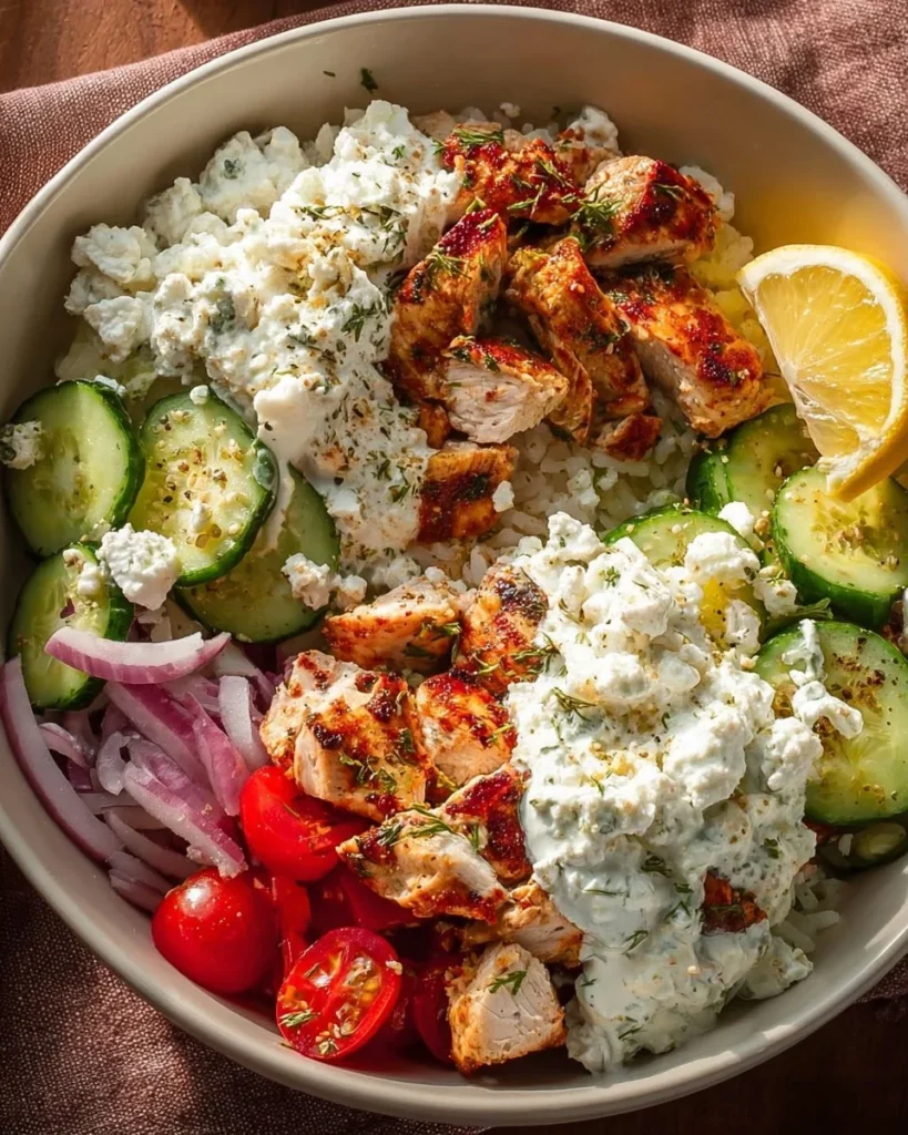 Delicious Greek Chicken Bowl with fresh vegetables and sauce