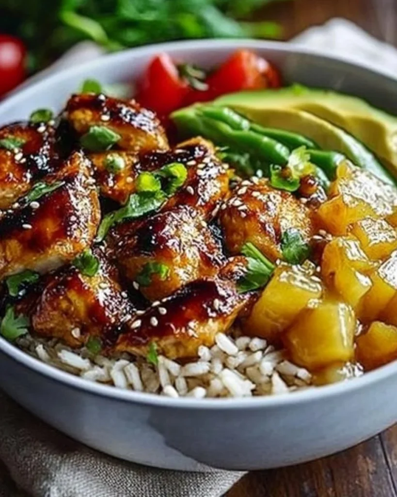 Hawaiian Chicken Bowl with vibrant ingredients and garnishes, showcasing tropical flavors.