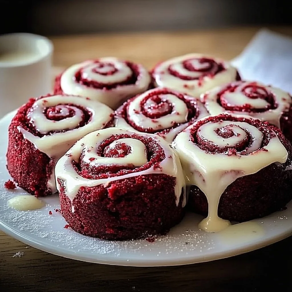 Heavenly red velvet cinnamon rolls topped with cream cheese icing