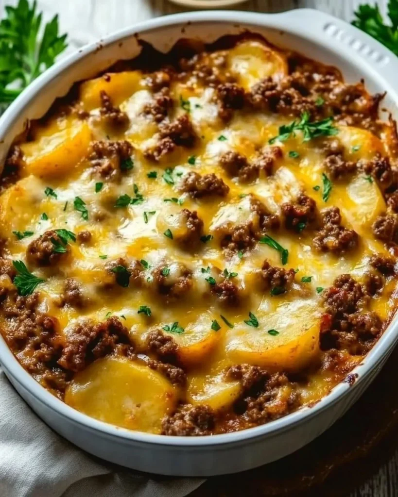 Delicious Hobo Casserole served in a baking dish with colorful vegetables and ground meat.