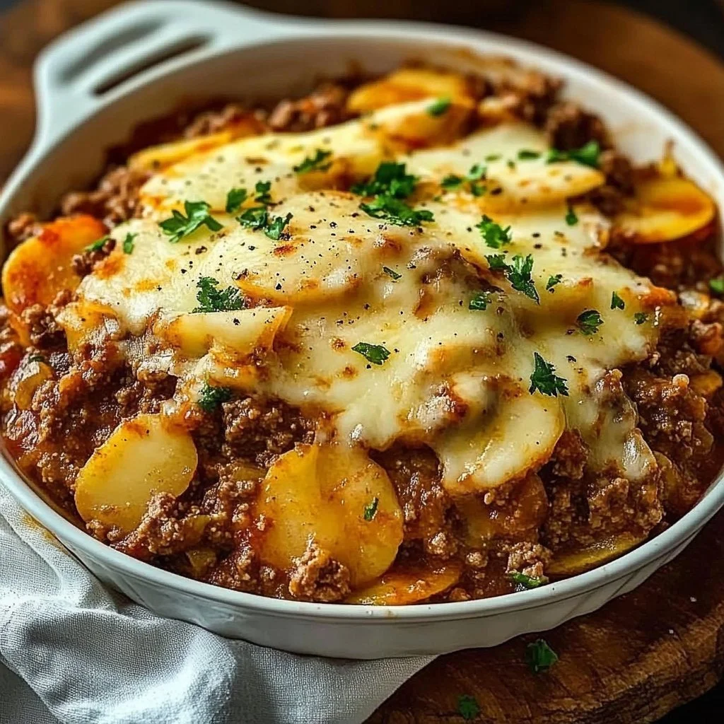 Delicious Hobo Casserole with ground beef, layered with vegetables and cheese