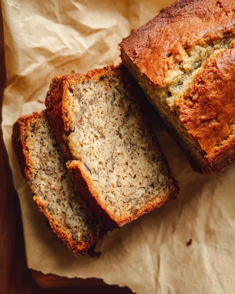 Loaf of homemade banana bread on a wooden table with ripe bananas