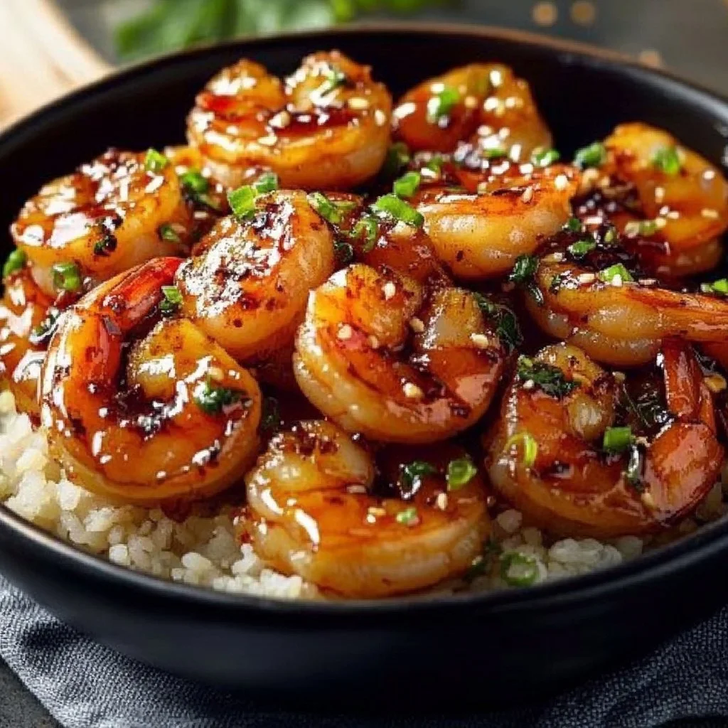 Delicious Honey Garlic Shrimp served with vegetables and rice
