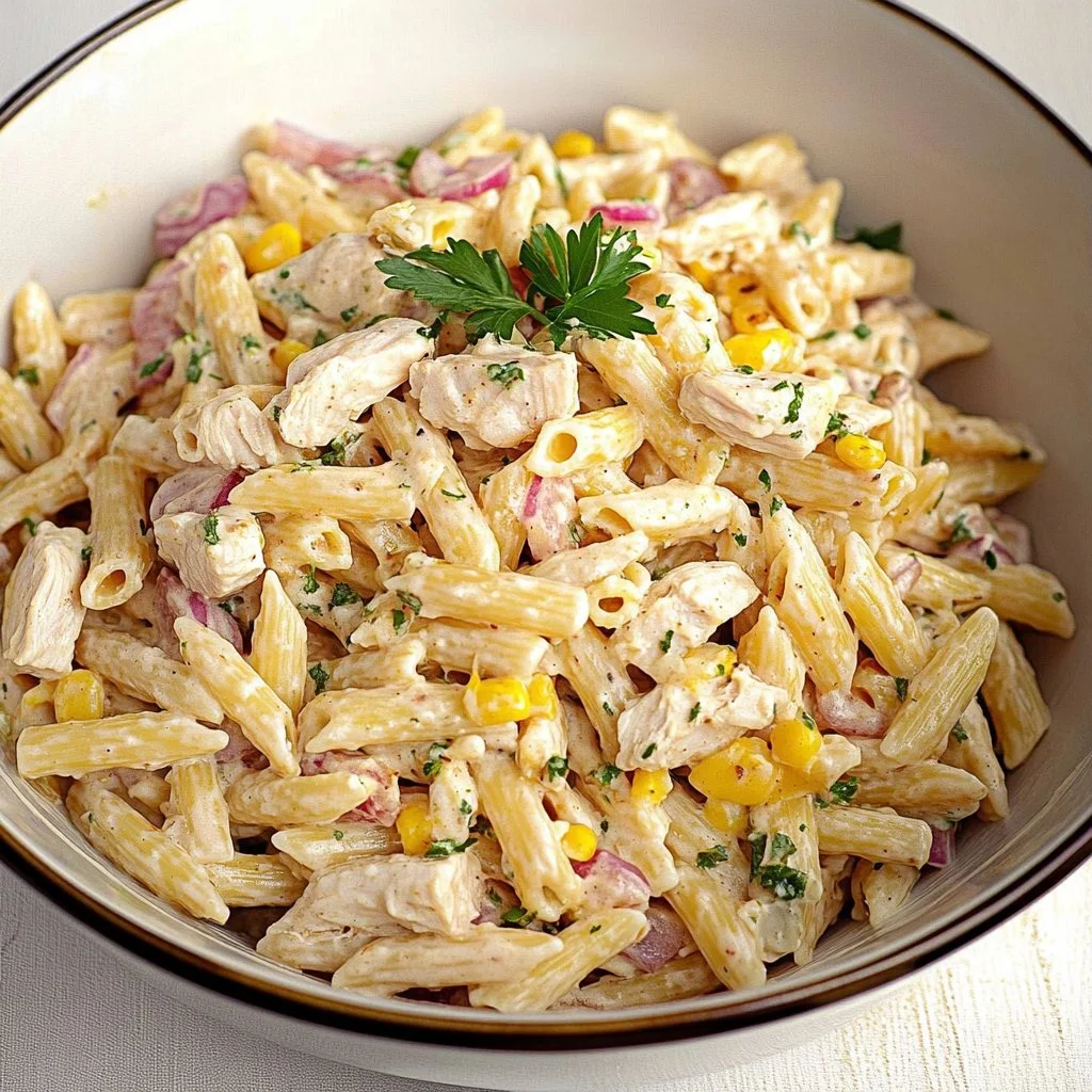 Honey Mustard Chicken Pasta Salad served in a bowl with fresh vegetables
