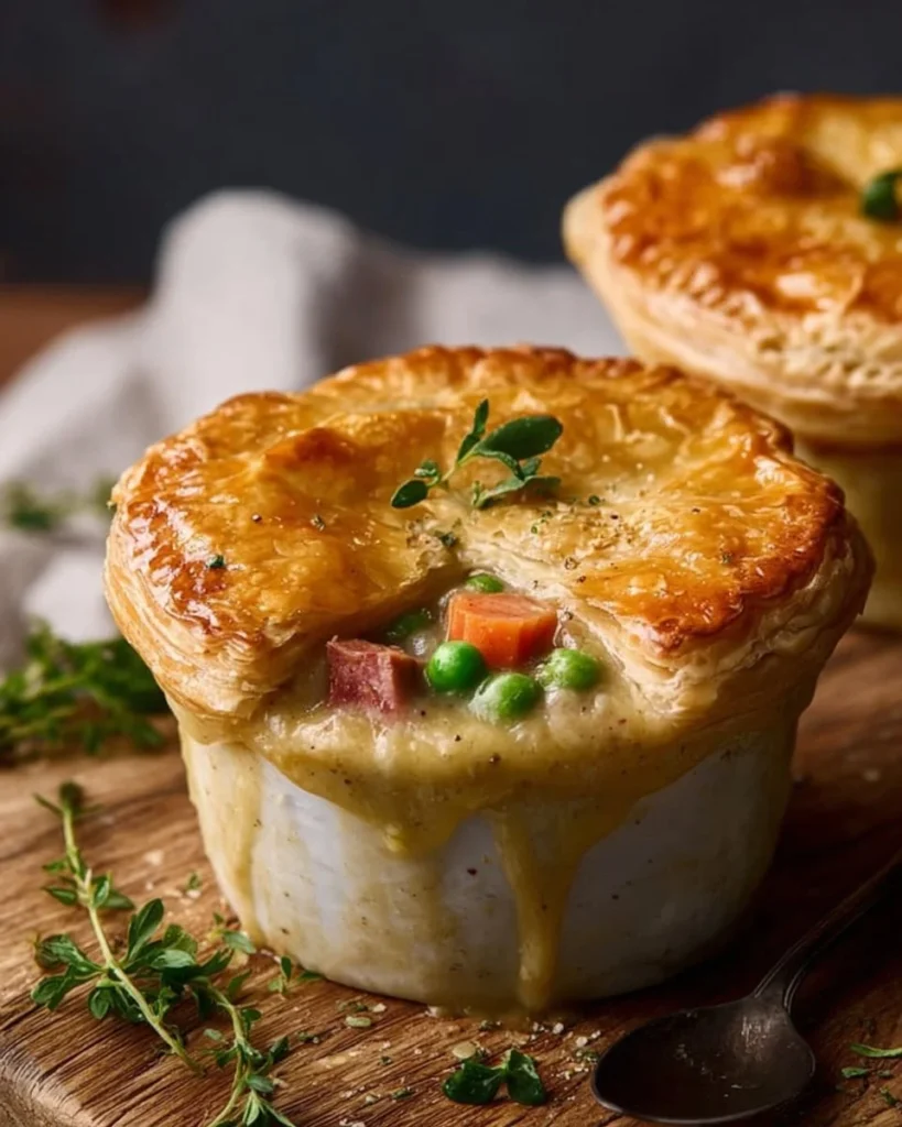 Delicious corned beef and cabbage pot pies served in golden pastry crust