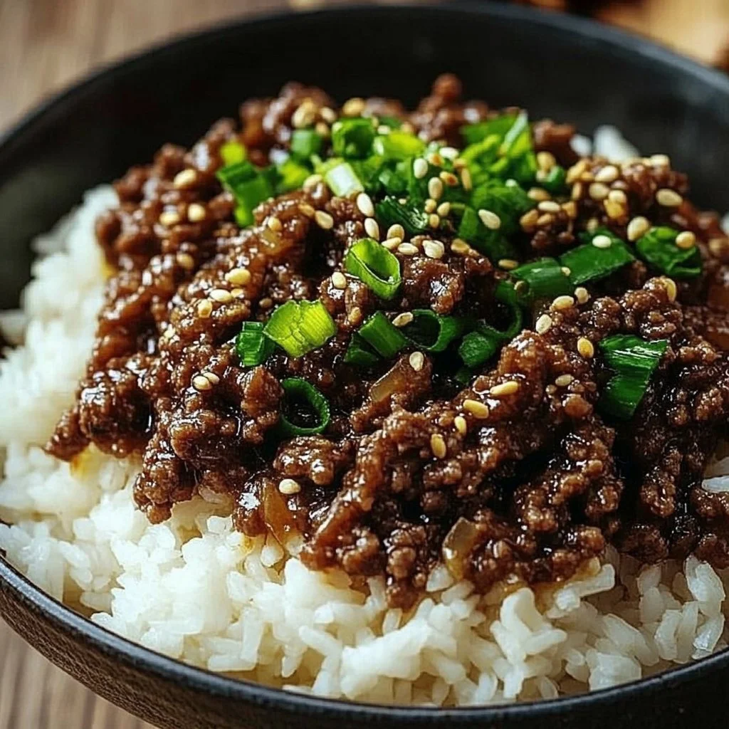 Korean Ground Beef Bowl with rice and vegetables