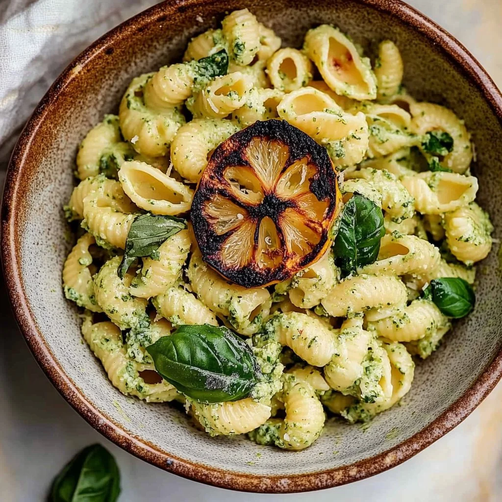 A vibrant bowl of Lemon Basil Pasta Salad with fresh ingredients and garnishes