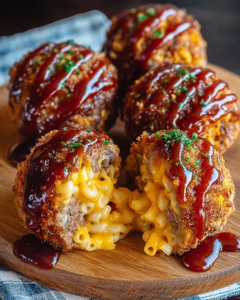 Mac 'n' Cheese Meatball Bombs with BBQ drizzle on a platter