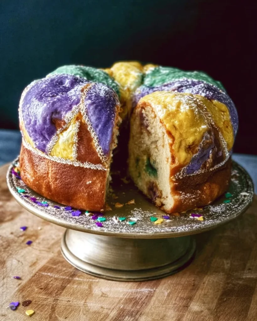 Mardi Gras King Cake with colorful icing and festive decorations