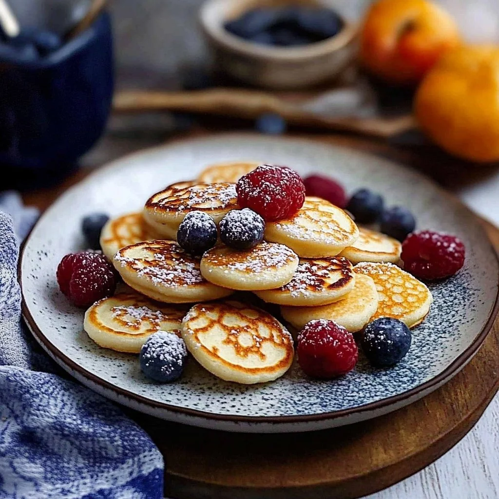 Stack of fluffy mini pancakes topped with syrup and berries