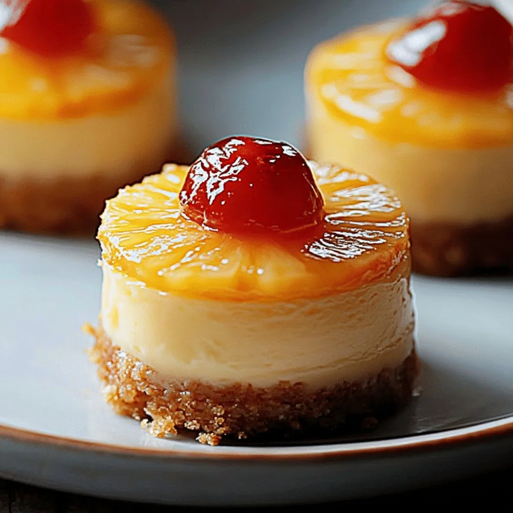 Mini Pineapple Upside-Down Cheesecakes topped with cherries and caramelized pineapple
