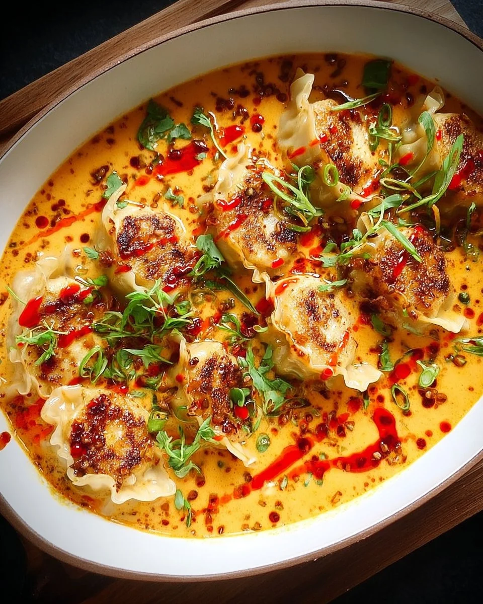 One-Pan Baked Dumplings in Red Curry Coconut Sauce Recipe