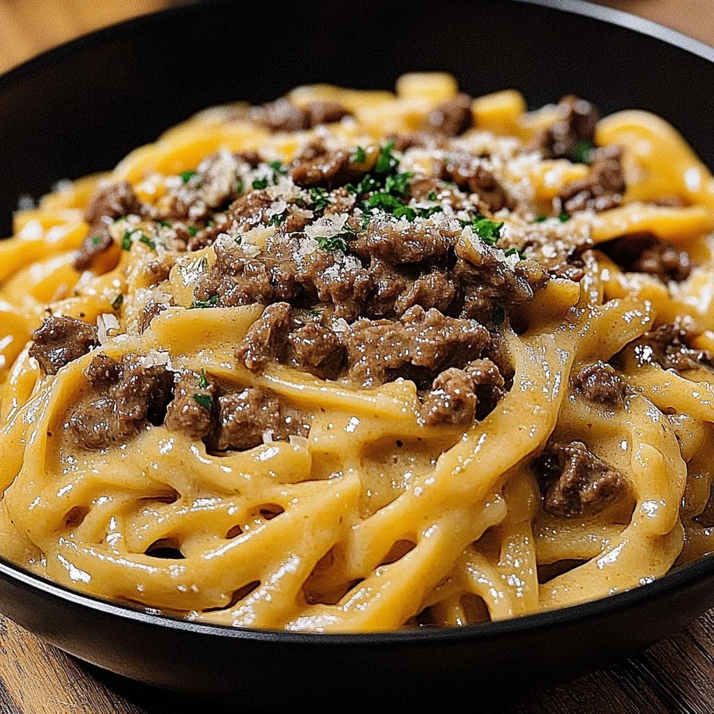 One-pot creamy beef and garlic butter pasta ready to serve