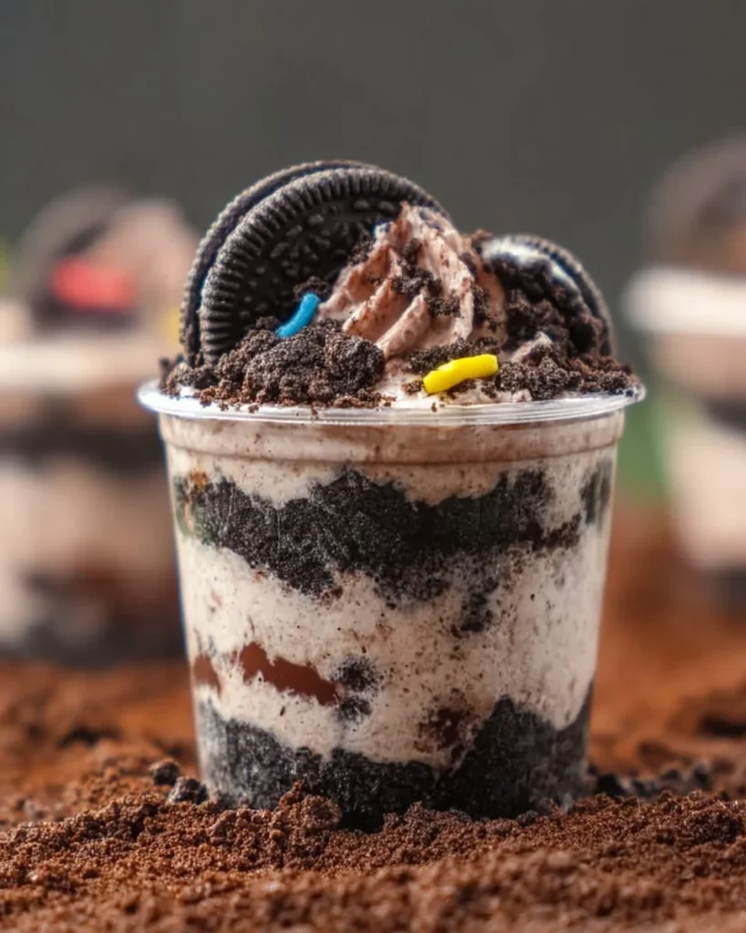 Oreo Cookie Dirt Cup topped with gummy worms and colorful sprinkles