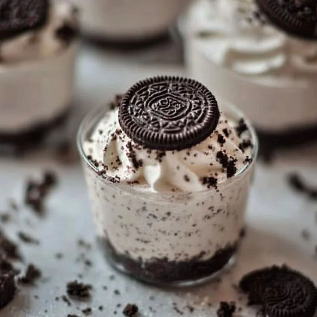 Oreo cheesecake no-bake cups with garnished Oreo cookies